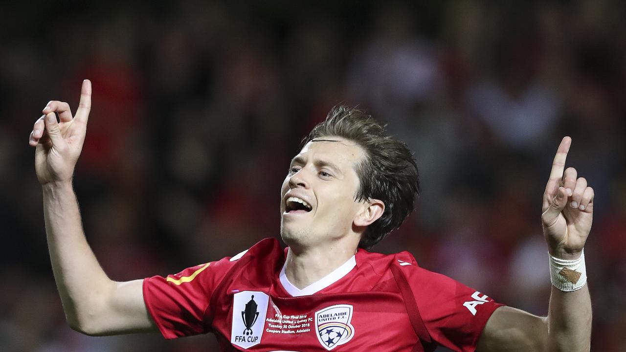 Craig Goodwin’s brace saw Adelaide United beat Sydney FC 2-1 in the FFA Cup final.