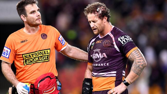 Korbin Sims after being hit in a high tackle by Dylan Napa. Photo: Getty Images.