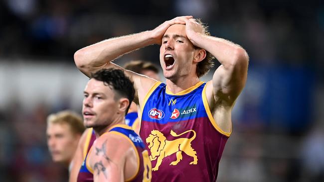 BRISBANE, AUSTRALIA – MARCH 28: Harris Andrews of the Lions reacts to an umpiring decision during the round three AFL match between Brisbane Lions and Collingwood Magpies at The Gabba, on March 28, 2024, in Brisbane, Australia. (Photo by Albert Perez/AFL Photos via Getty Images )