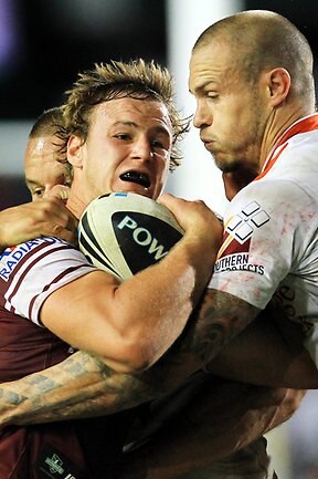 <p>NRL round 13 Sea Eagles v Dragons: Daly-Evans tackled by Matt Cooper. Picture: Mark Evans</p>