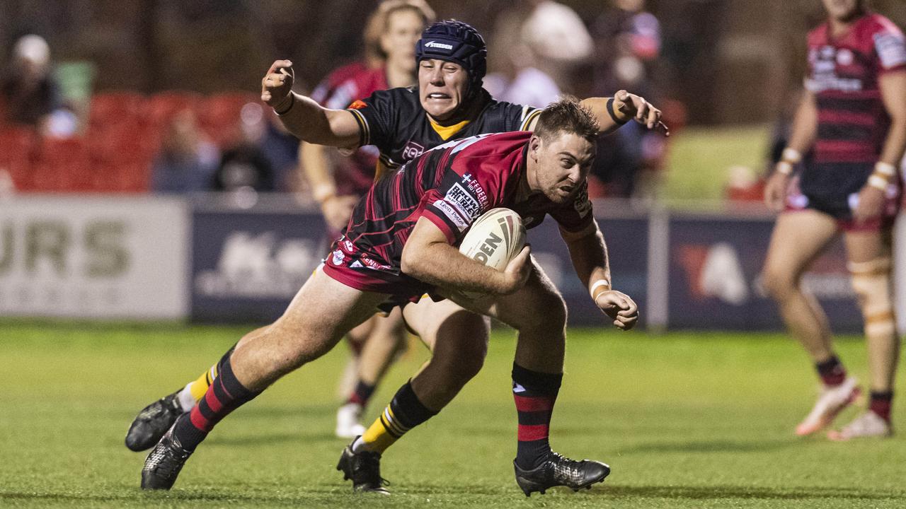 Todd White on the way to try for Valleys against Gatton in TRL Hutchinson Builders A-grade grand final rugby league at Toowoomba Sports Ground, Saturday, September 14, 2024. Picture: Kevin Farmer