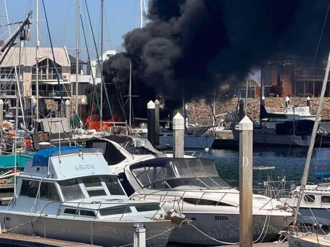 A sailing boat caught on fire at North Haven marina on Saturday, February 1. Picture: Friends of Grange Beach and Tennyson / J. Nolan