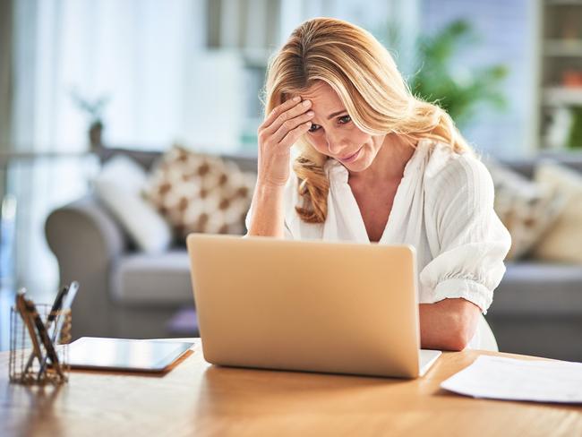 Business woman stress, burnout or laptop anxiety 404 error, financial stress or mental health in house. Depression, tired or remote employee with headache from audit, tax finance or financial debt, mortgage interest rates generic