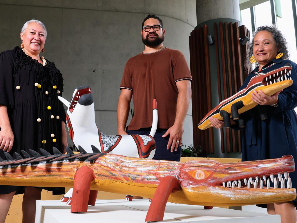The Cairns Indigenous Art Fair has launched its 2024 program, set to take place at the Cairns Convention Centre and the Tanks Arts Centre from July 25 to 28. CIAF fashion performance feature designer Irene Robinson, artistic director Franciose Lane and curatorial associate and Onespace artist Teho Ropeyarn are set to play host to 300 artworks from art groups, designers, sculptors and artists from across Far North Queensland. Picture: Brendan Radke