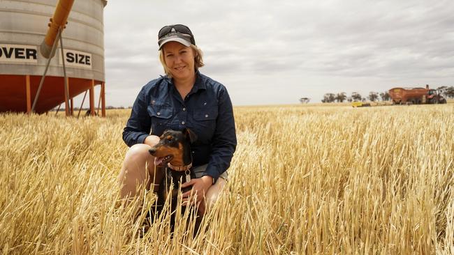 Waitchie farmer Carol Fitzpatrick with her Kelpie Jess, amid the start of the 2024 harvest. Picture: Rachel Simmonds