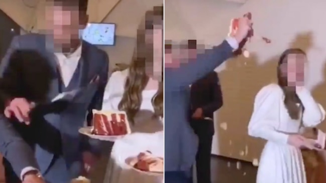 Wedding guest throws cake at bride