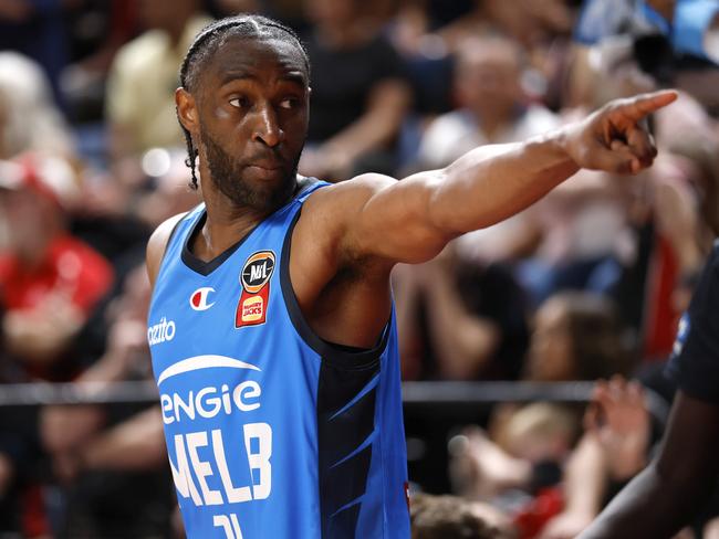 Melbourne United import Ian Clark calls out a fan in the crowd. Picture: Getty Images