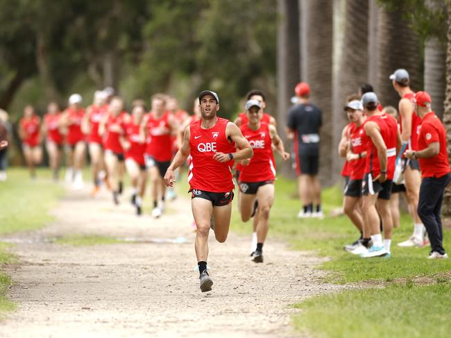 Robbie Fox finishes out in front for the Swans’ 2km time trial. Picture: Phil Hillyard