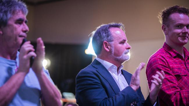 David O'Byrne in the tally room watches on as Rebecca White concedes the 2021 State Election. Picture: NCA NewsWire / Richard Jupe