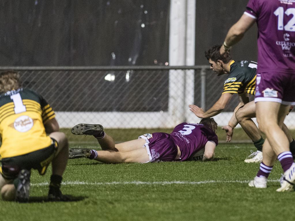 Brian-Adam Babington gets a try for Dalby. Picture: Kevin Farmer.