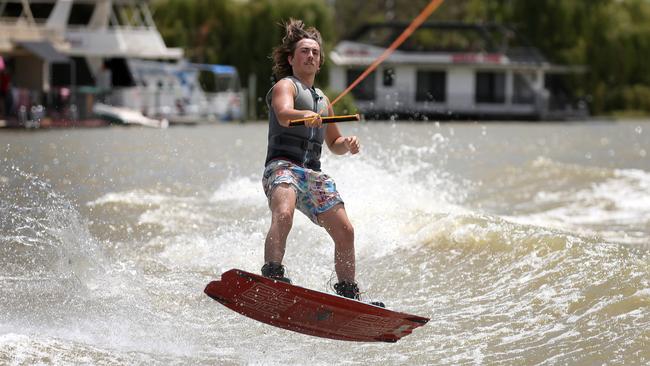 Sam Abyanakis wakeboards on the Murray at Whitesands. Picture: Dean Martin