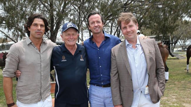 Polo star Nacho Figueras, Magic Millions co-owner Gerry Harvey, sports presenter Hamish McLachlan and Star Entertainment Group chief executive Matt Bekier announce donations already made during the Magic Millions carnival. Picture Mike Batterham