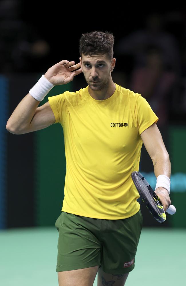 Thanasi Kokkinakis in the semi-final tie between Australia and Italy during the Davis Cup Finals in Spain last month. Picture: Getty Images