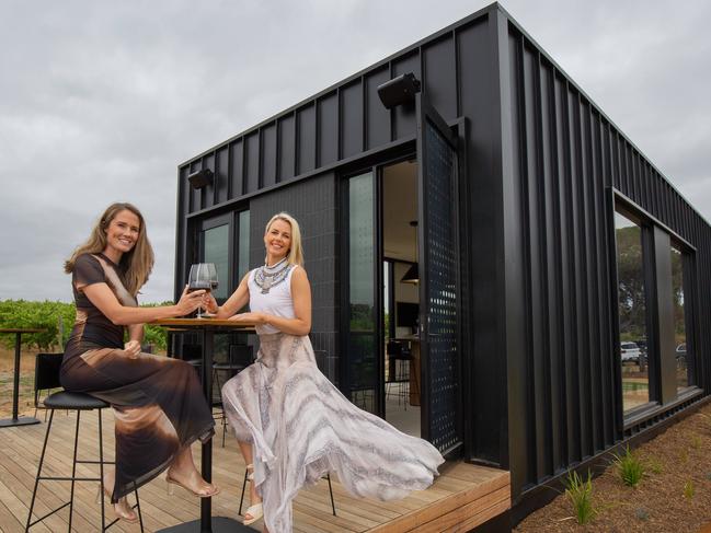 (L-R) Jess van Berlo  and Emilie Greer outside the New cellar door, Thicker Than Water in McLaren Vale SA. Pictured on Jan 19th 2023. Pictures: Ben Clark