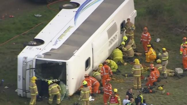 Emergency service crews at the site of the horror crash on Tuesday. Picture: Nine News