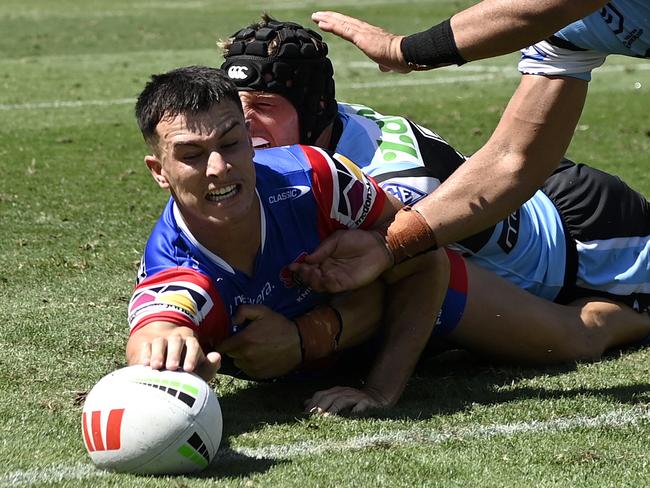 PRE 2024 RD01 Newcastle Knights v Cronulla-Sutherland Sharks - David Armstrong, try, celeb. Picture: NRL Photos