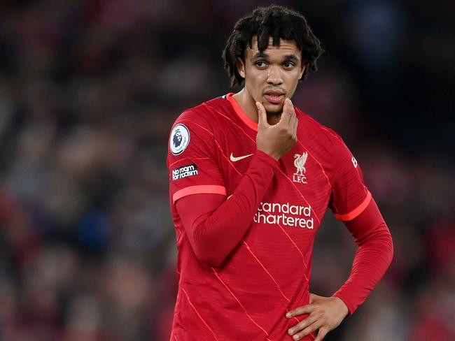 LIVERPOOL, ENGLAND - MAY 07: Trent Alexander-Arnold of Liverpool reacts following the Premier League match between Liverpool and Tottenham Hotspur at Anfield on May 07, 2022 in Liverpool, England. (Photo by Laurence Griffiths/Getty Images)