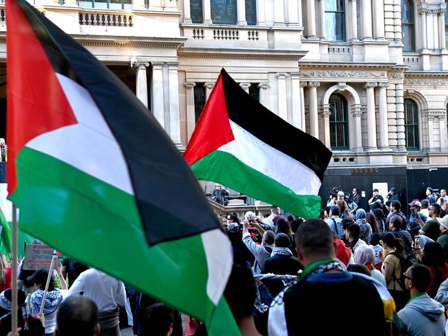 Pro-Palestine protesters congregated at Town Hall, then the Opera House, on Monday. Picture: NCA NewsWire / Jeremy Piper