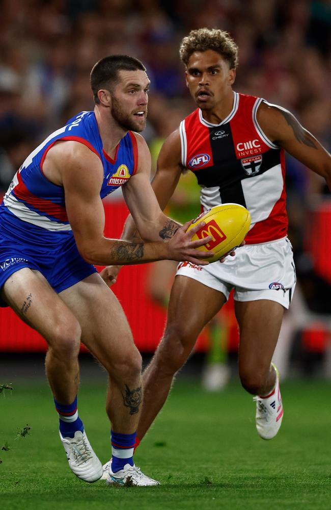 Liam Henry, right, in his first AFL game for the season. Picture: Michael Willson/AFL Photos