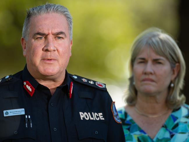 Northern Territory Police Commissioner Michael Murphy and Northern Territory Chief Minister Eva Lawler at the press conference in Alice Springs on March 28, 2024. Picture: Pema Tamang Pakhrin