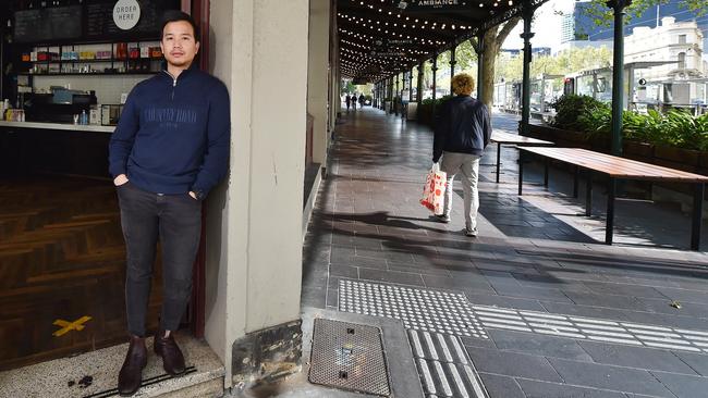 Alex Liu, co-owner of Meet Sando sandwich bar in Elizabeth St, Melbourne, says business has been affected by last week’s protests. Picture: Nicki Connolly