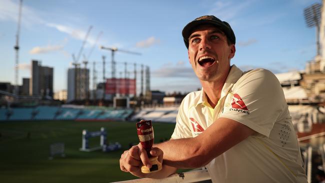 Pat Cummins of Australia poses with a replica Ashes Urn after Day Five of the fifth Test. Picture: Getty Images