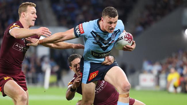 Jack Wighton scores for NSW. Queensland vs New South Wales at CBUS Stadium on the Gold Coast. Pic Peter Wallis