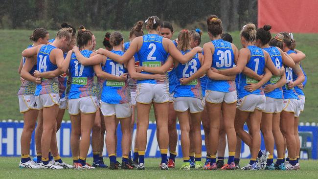 SYDNEY, AUSTRALIA - FEBRUARY 08: The Suns huddle after their loss during the round one AFLW match between the Greater Western Sydney Giants and the Gold Coast Suns at Blacktown International Sportspark on February 08, 2020 in Sydney, Australia. (Photo by Mark Evans/Getty Images)