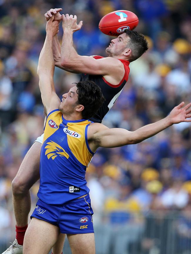 Joel Smith drops the mark and cops a falcon. Picture: Michael Klein