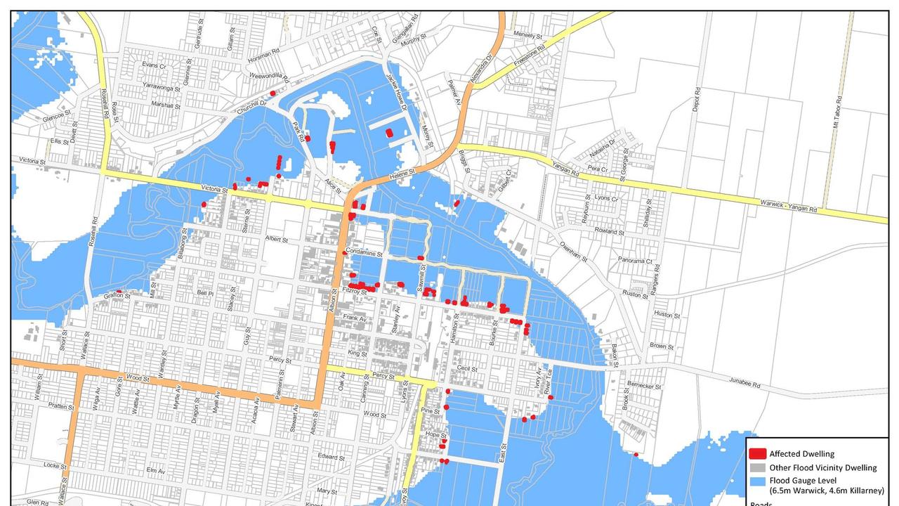 Predicted inundation in Warwick if the Condamine River exceeds its moderate flood level of 6m. Picture SDRC