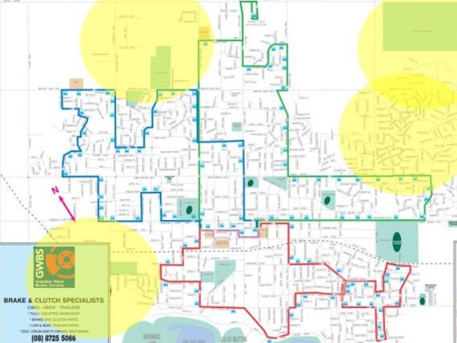 Map showing active bus routes in Mt Gambier, with key growth areas just outside their path highlighted in yellow. Picture: City of Mount Gambier