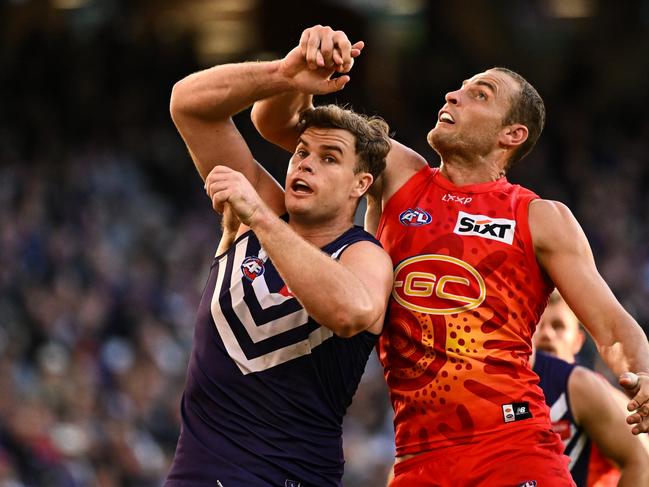 Sean Darcy had the better of Jarrod Witts on Sunday. Picture: Daniel Carson/AFL Photos via Getty Images.