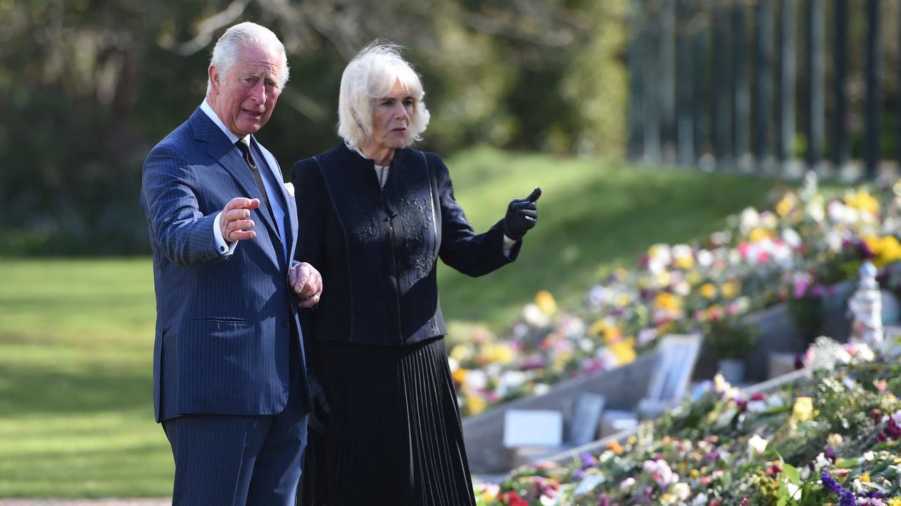 Prince Charles and Duchess of Cornwall (above viewing flowers after Prince Philip’s death) will become Britain’s rulers after the Queen’s death. Picture: Jeremy Selwyn/AFP