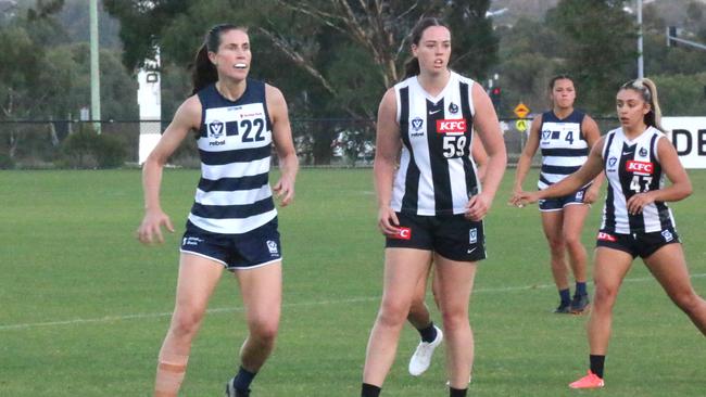 Retired AFLW ruck Simone Nalder (left) lined up for new club Geelong in their pre-season VFLW practice match on March 19. Picture: Meg Saultry