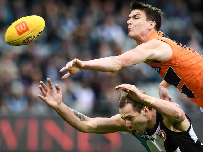 ADELAIDE, AUSTRALIA - AUGUST 13: Sam Taylor of the Giants spoils Jeremy Finlayson of Port Adelaide during the round 22 AFL match between Port Adelaide Power and Greater Western Sydney Giants at Adelaide Oval, on August 13, 2023, in Adelaide, Australia. (Photo by Mark Brake/Getty Images)