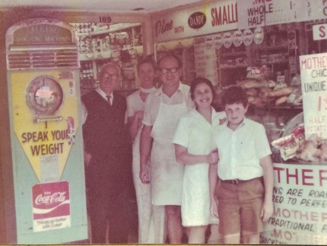 Grandfather Pali, father Ivan, mother Eva and Michael Visontay outside Minerva Delicatessen on Macleay Street in Potts Point. Picture: Noble Fragments