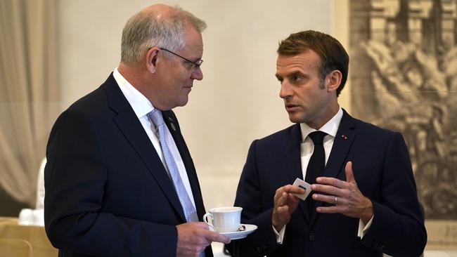 Prime Minister Scott Morrison and French President Emmanuel Macron talk at the G20 in Rome. Picture: Adam Taylor