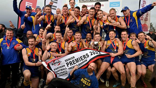 Noble Park players celebrate after winning the EFL Premier Division grand final last year. Picture: Andy Brownbill