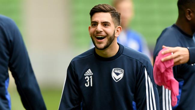 Christian Theoharous during a Melbourne Victory training session at AAMI park in Melbourne, Tuesday, April 17, 2018. Melbourne Victory will play Shanghai East Asia in the AFC Champions League Group F match on April 18. (AAP Image/Joe Castro) NO ARCHIVING