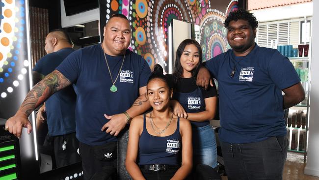 Hair Dude has officially launched its Deadly Hair Dude program. Will Hewitt, Tashantai Hewitt, Tiesha Hewitt and Kyle Bambra all began their one year course. Picture: Katrina Bridgeford.