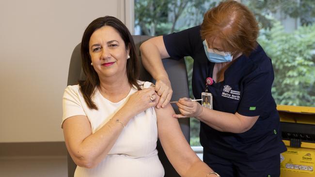 Queensland Premier Annastacia Palaszczuk is given the her COVID-19 vaccination. Picture: NCA NewsWire / Sarah Marshall