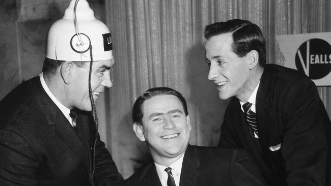 Lou Richards (left) with Ron Casey (centre) and Bill Collins (right) on set of "World of Sport".