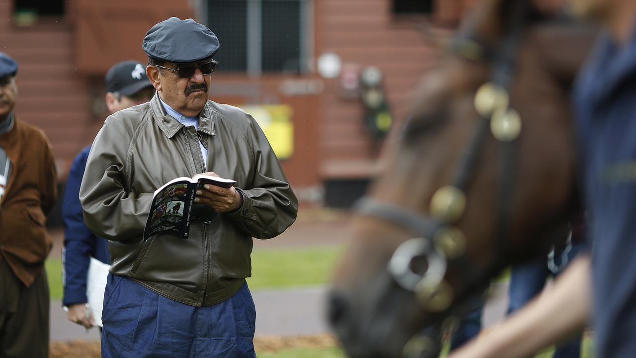 NEWMARKET, ENGLAND - OCTOBER 06: Sheikh Hamdan Al Maktoum inspecting a potential purchase during the Tattersalls auction sales in Newmarket on October 06, 2015 in Newmarket, England. (Photo by Alan Crowhurst/Getty Images)