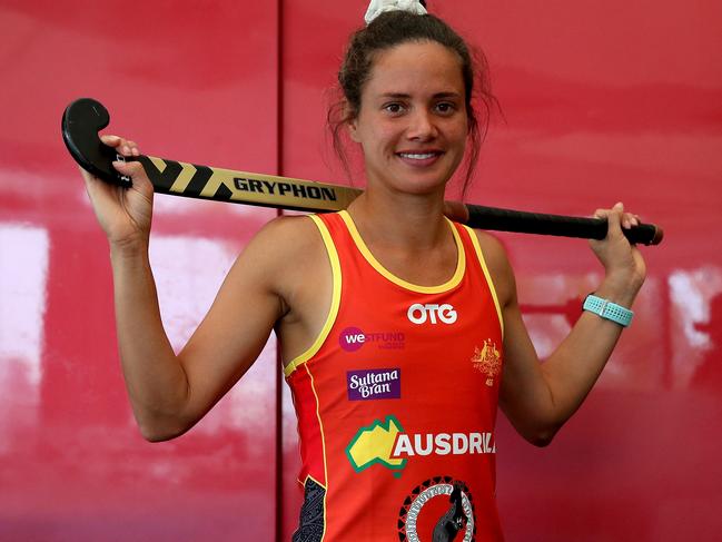 Brooke Peris of the Hockeyroos poses for a photo wearing the newly unveiled playing kit during a media opportunity at Kings Park in Perth, Thursday, February 27, 2020. The kit was designed and painted by Aboriginal, dual Olympian, gold medallist and former Hockeyroo and Federal Senator Nova Peris. (AAP Image/Richard Wainwright) NO ARCHIVING