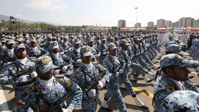 Iranian soldiers take part in a military parade in April. Picture: AFP