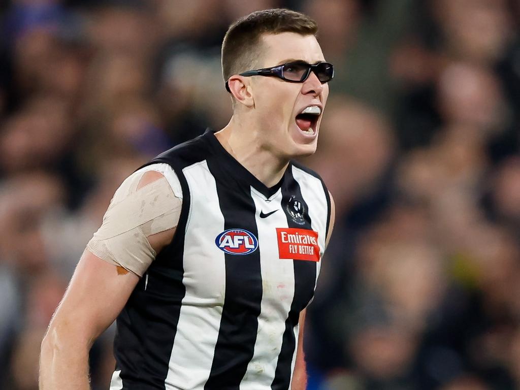 MELBOURNE, AUSTRALIA - SEPTEMBER 22: Mason Cox of the Magpies celebrates a goal during the 2023 AFL First Preliminary Final match between the Collingwood Magpies and the GWS GIANTS at Melbourne Cricket Ground on September 22, 2023 in Melbourne, Australia. (Photo by Dylan Burns/AFL Photos via Getty Images)