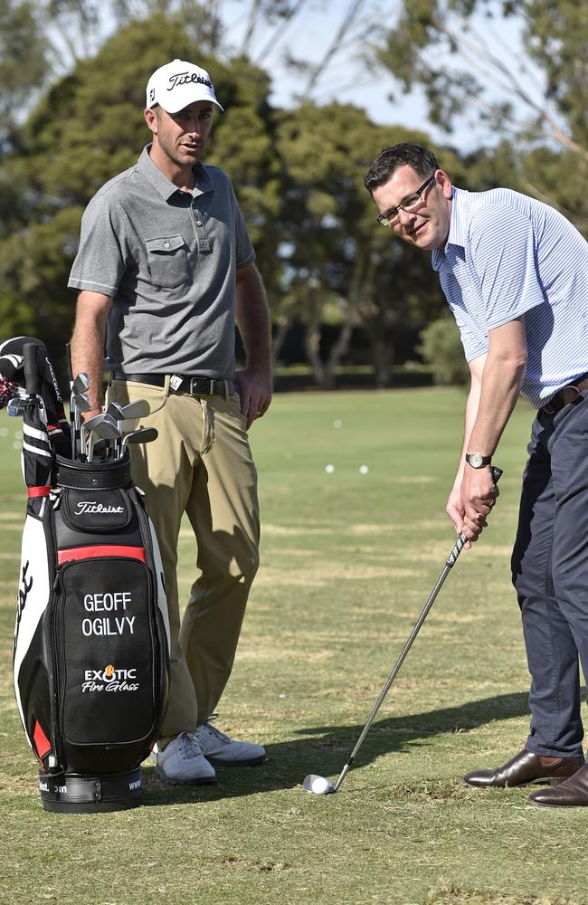 Dan Andrews, pictured here with Geoff Ogilvy, became a member at Moonah Links with the help of a rich-lister pal. Picture: Andrew Batsch