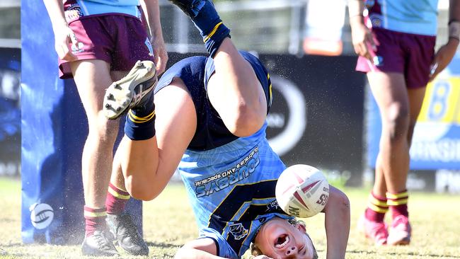 Mabel Park player Jahrel Conlon gets a try Mabel Park v Keebra Park in the Walters Cup. Thursday August 18, 2022. Picture, John Gass