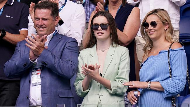 Karl Stefanovic, his daughter Ava and wife Jasmine at the Australian Open tennis tournament at Rod Laver Arena. Picture: AAP/Dave Hunt