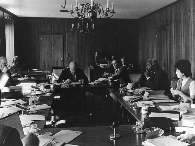 A session of the executive committee of the International Olympic Committee in Vidy Chateau, Lausanne, 1971. President Avery Brundage goes over the agenda.